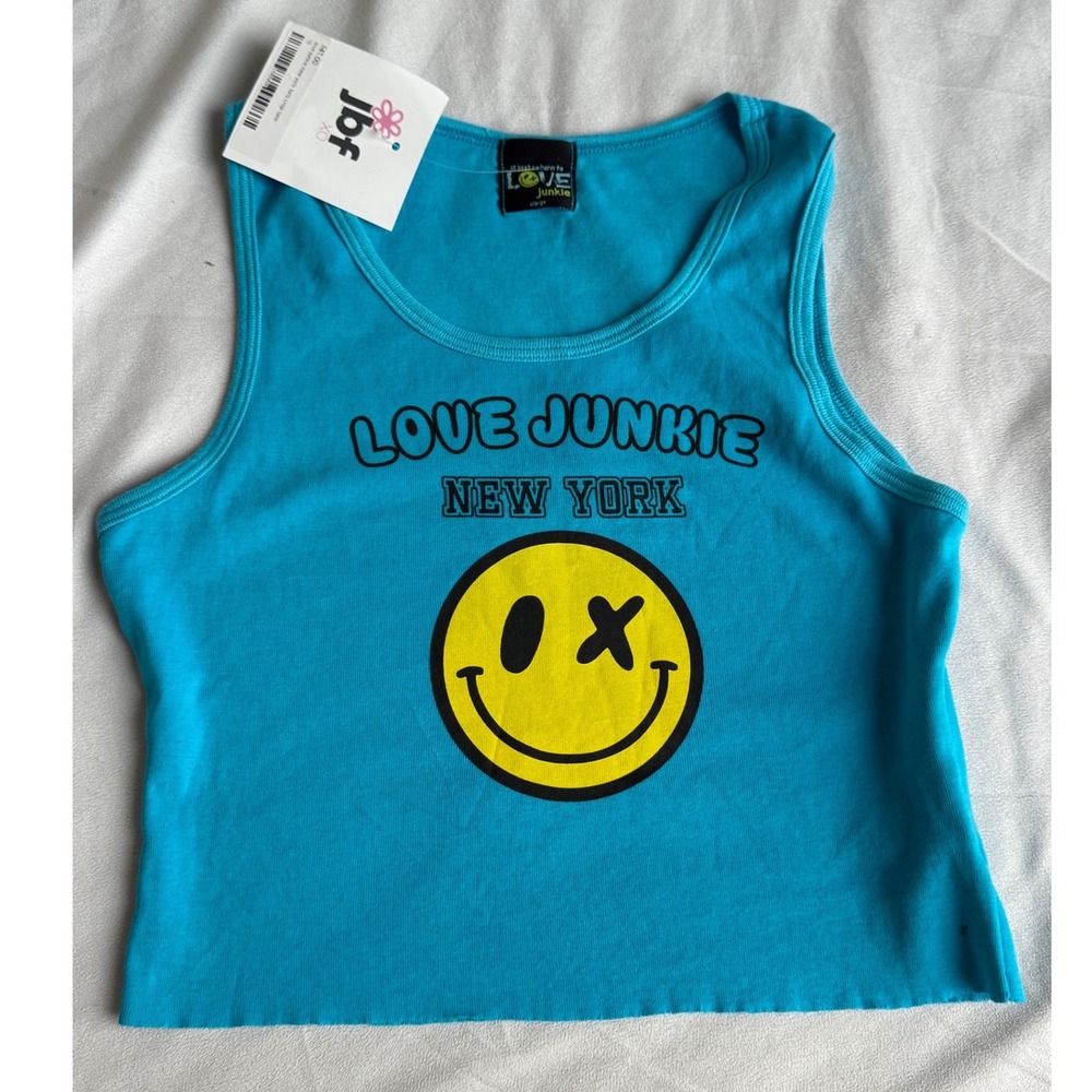 Love Junkie New York Turquoise Blue Crop Tank Top Smiley Face Kids XL NEW 14 16